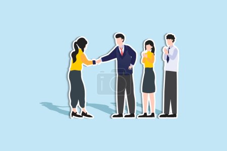 Illustration for Onboarding new employee, warm welcome to new office, introduce new hire to colleagues, orientation training on first day concept, businessman manager handshake welcome and introduce new staff to team. Paper Cut Style - Royalty Free Image
