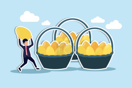 Illustration for Diversification, investment portfolio strategy to reduce risk and maximize return, earning and profit, asset allocation concept, businessman holding golden eggs diversify by putting in many baskets. Paper Cut Style - Royalty Free Image