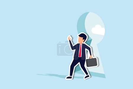 Illustration for Life changing secret door, key to success or step to see new opportunity, courage or business challenge, get out to see outside concept, brave businessman step outside keyhole door to new opportunity. Paper Cut Style - Royalty Free Image