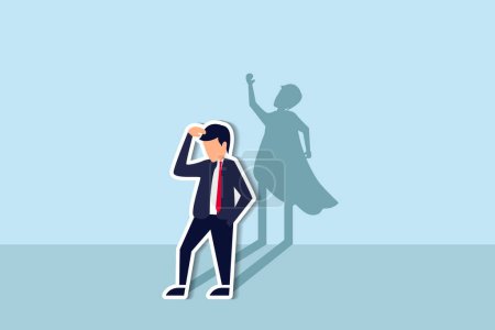 Illustration for Self confidence or leadership to bring full potential and strength, motivation to achieve business success concept, self doubt businessman standing with his skillful power superhero shadow on the wall - Royalty Free Image