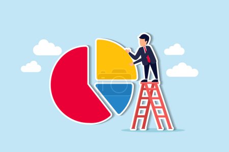 Illustration for Investment asset allocation and rebalance concept, businessman investor or financial planner standing on ladder to arrange pie chart as rebalancing investment portfolio to suitable for risk and return - Royalty Free Image