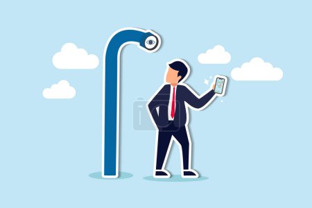 Illustration for Mobile privacy, app that tracking all user behaviors for marketing, data protection or spyware concept, young adult man using mobile app or smart phone and found periscope watching him from behind. - Royalty Free Image