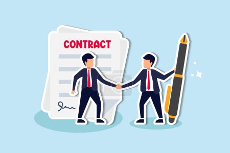 Illustration for Signing contract, business deal or partnership, banking loan, investment contract or job offer agreement concept, success businessman handshake with client holding pen ready to sign agreement contract - Royalty Free Image