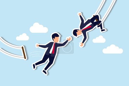 Illustration for Trust, partnership and support to success in work, collaborate or cooperate teamwork, risk taking, unity or help to achieve target concept, businessman trapeze perform jumping and catch by partner. - Royalty Free Image
