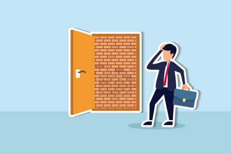 Illustration for Business dead end, no way to exit or big mistake and wrong decision, obstacle and difficulty to overcome concept, businessman open exit door and found brick wall blocking the way. - Royalty Free Image