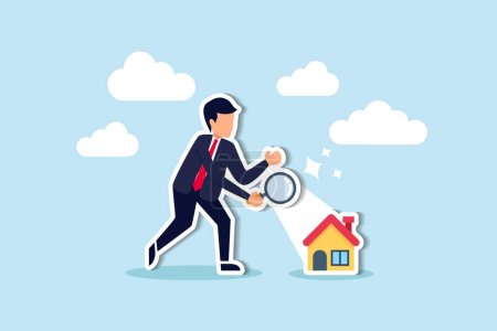 Illustration for Searching for new house, look for real estate and accommodation valuation or new rent and mortgage concept, smart businessman using magnifying glass zooming to see house or residential details. - Royalty Free Image