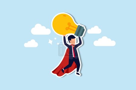 Illustration for Big idea to boost business success, super power or creativity to win business competition, innovation or imagination concept, genius businessman superhero flying while carrying big light bulb idea. - Royalty Free Image