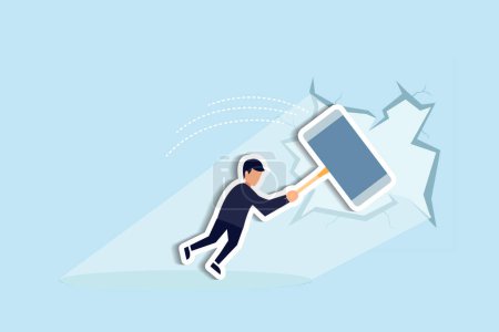 Illustration for Breakthrough business boundary or limit, breaking the wall to see new work opportunities or career challenge concept, superpower businessman crack or breaking the wall with hammer to see light outside - Royalty Free Image