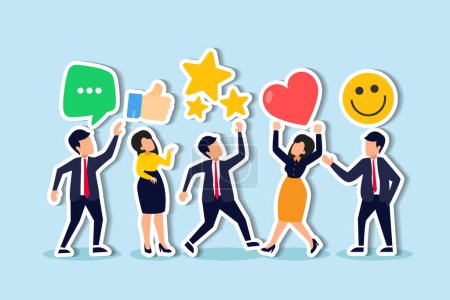 Téléchargez les illustrations : Customer feedback, user experience or client satisfaction, opinion for product and services, review rating or evaluation concept, young adult people giving emoticon feedback such as stars, thumbs up. - en licence libre de droit