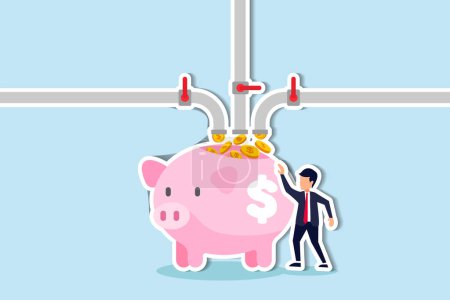 Illustration for Multiple streams of income, passive income or revenue from invest in multi assets, side hustles to make money concept, rich businessman standing with multi cash flow from pipe into wealthy piggy bank. - Royalty Free Image