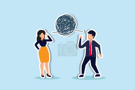 Illustration for Diverse views: meeting conflicts, debates, disagreements, challenges in dialogue concept, businessman and woman colleague arguing different opinion to find out solution. - Royalty Free Image