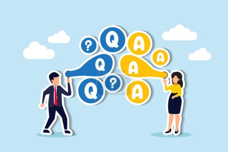 FAQs, commonly asked queries, discussions, Q&A sessions for solutions to various issues concept, smart businessman and businesswoman blow flying bubbles with Q and A, question mark sign.