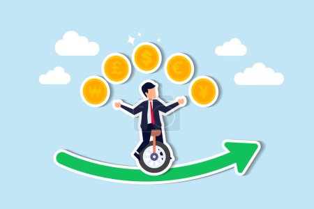 Illustration for Forex Trading currencies, investing based on price and economic speculation concept, businessman expert juggling money currency coins, dollar, euro, pound, japan yen and Korean won. - Royalty Free Image