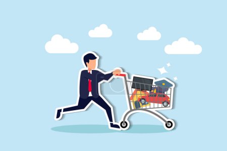 Illustration for Expense planning managing living costs, budget, debt, bills, and credit card payments for personal finance concept, young man with house, car, credit card, education and utilities cost shopping cart - Royalty Free Image