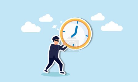 Zeitdiebstahl oder Verzögerung behindern die Produktivität; effiziente Arbeit hält Fristen ein, strategisch und führt Aufgabenkonzept aus, Einbrecher stehlen Zeituhr und laufen davon.