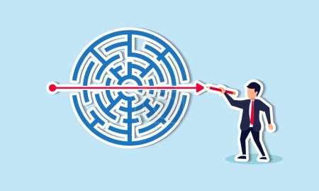 Addressing business challenges entails creativity, imagination, strategizing, and planning for success concept, businessman solve labyrinth or maze puzzle by straight line arrow.