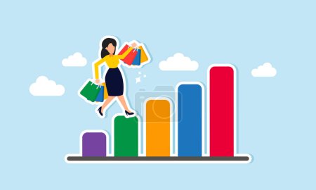 Understanding customer lifetime value is crucial, analyzing the cost to acquire new customers. A young customer woman walks on a CLV graph, depicting advertising and marketing costs