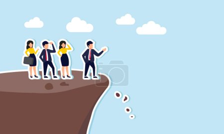 Inept leadership, poor decisions, and incompetence cause company downfall, concept of Ill advised manager instructing staff to leap off the cliff