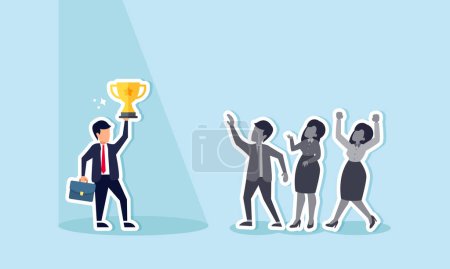 Illustration for Selecting the finest talent for the job, acknowledging hard work and valuing visible skills, concept of Confident businessman holding trophy with colleagues under spotlight - Royalty Free Image