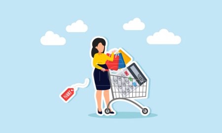 VAT Consumer pays tax on value added to products services, concept of Woman shopping with VAT price tags, calculating total on cart