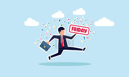 Cheers to Friday, unwinding after a weeks grind, welcoming the weekend with open arms, embracing relaxation, concept of Energetic businessman leaps with joy, clutching a Friday sign in celebration