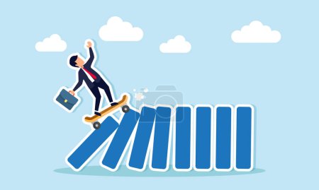 New disruptive innovation causing business upheaval, transforming and challenging existing competitors, concept of Innovative businessman swiftly skateboards, toppling all dominos in a cascade