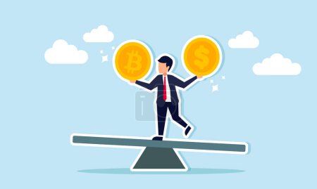 Managing investment portfolio with Bitcoin or cryptocurrency, trading on crypto market exchange, concept of Businessman investor or trader balancing portfolio with dollar coin and Bitcoin