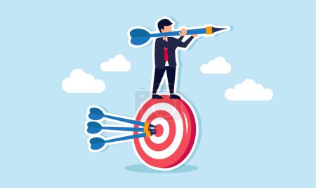 Result driven business strategy, professionally setting and achieving business targets, concept of Smart businessman balancing and controlling a rotating target with an arrow hitting bullseye