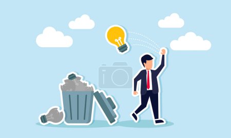 Ideas inviables y proyectos fallidos que conducen a esfuerzos empresariales desperdiciados, el concepto de empresario frustrado arroja ideas de bombillas en un cubo lleno de ideas basura