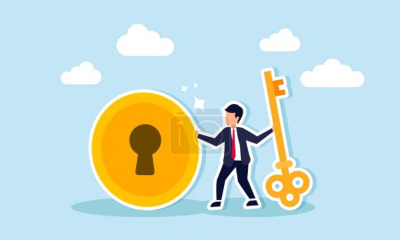 Financial success key unlocking rewards in investment opportunities for wealth and profit gain, concept of A smart businessman investor holds a large golden key to unlock a coin shaped keyhole