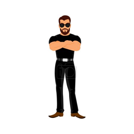 Illustration for Bodyguard wearing black clothes and glasses, Guardian Isolated vector Drawing. Police Officer, Watchman, Agent - Royalty Free Image