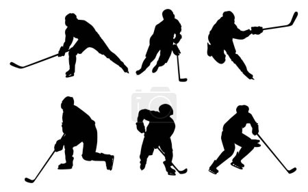 Illustration for Vector graphics of black silhouettes of hockey players and goalkeeper on a white background - Royalty Free Image