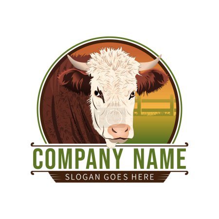 Téléchargez les illustrations : Hereford bétail ferme vintage style logo idée de conception sur fond blanc - en licence libre de droit