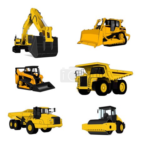 Un gran conjunto de equipos de construcción en amarillo. Máquinas especiales para los trabajos de construcción. Compactador, excavadoras, tractores, excavadoras, volquetes. Ilustración vectorial