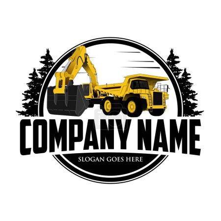 Excavator and heavy dump truck logo design, for housing development, building repair, construction and procurement of heavy equipment