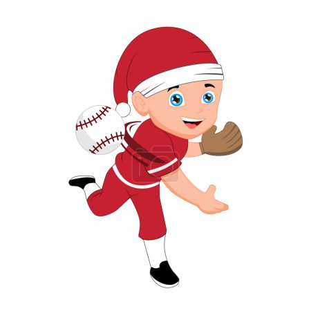 Illustration for Cartoon young man throwing the ball for a baseball and softball game, wearing a Santa Claus costume - Royalty Free Image