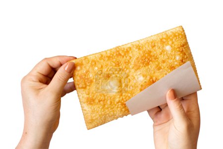 Fried Pastry, Pastel, Brazilian snack, woman hand, white background