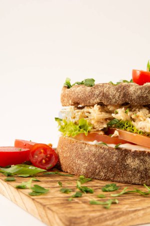 Foto de Sándwich de pechuga de pollo en pan de grano entero con ensalada fresca en una mesa de madera sobre un fondo blanco en vista frontal recortada - Imagen libre de derechos
