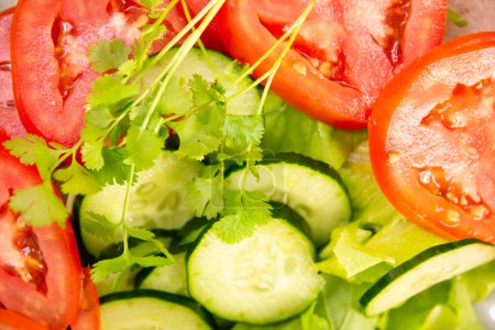 Green salad with tomatoes in white bowl plate on close up view