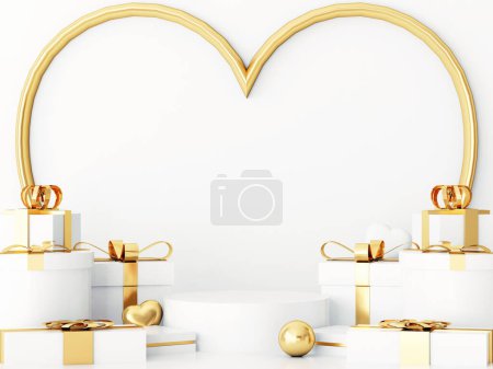 Téléchargez les photos : Valentines podium mockup concept. scene with Valentines gold object and white background, white product display, luxury 3d render. stand for Valentines gift, showcase, cosmetic, podium product. - en image libre de droit