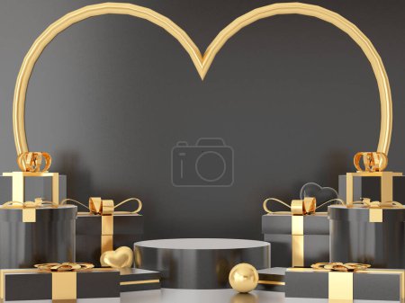 Téléchargez les photos : Valentines podium mockup concept. scene with Valentines gold object and black background, black product display, luxury 3d render. stand for Valentines gift, showcase, cosmetic, podium product. - en image libre de droit