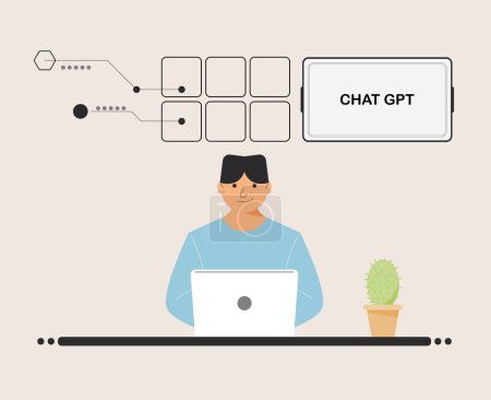 chat GPT men person use laptop digital. boy people search chat GPT AI, openAI, smart bot, workplace, technology background. vector illustration for artificial intelligence, infographics, web banner.