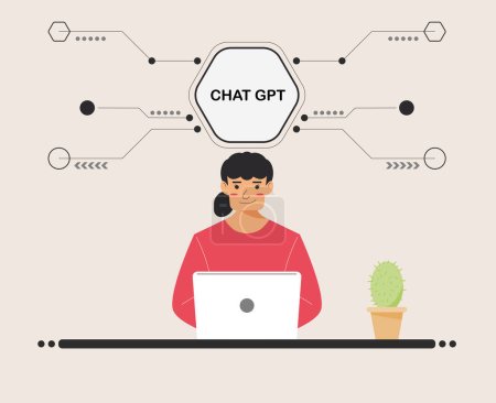 chat GPT women person use laptop digital. girl people search chat GPT AI, openAI, smart bot, workplace, technology background. vector illustration for artificial intelligence, infographic, web banner.
