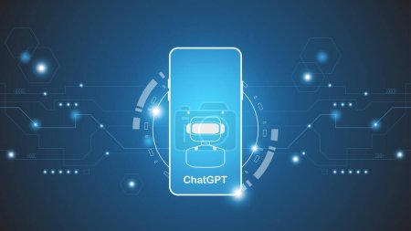 Illustration for ChatGPT Ai artificial intelligence technology hitech concept. chat GPT with smart bot, open Ai, line, lights, technology Abstract, vector. design for chat, web banner, background, transformation. - Royalty Free Image