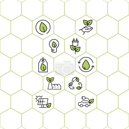 Téléchargez les illustrations : Set of eco sustainable environment icon. icon with ecology, sustainability, environmentally, nature outline and green color, vector. icons for symbol, web banner, illustration, web site. - en licence libre de droit