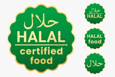 Téléchargez les illustrations : Ensemble de vecteurs de timbres alimentaires certifiés halal vert et or ondulé - en licence libre de droit