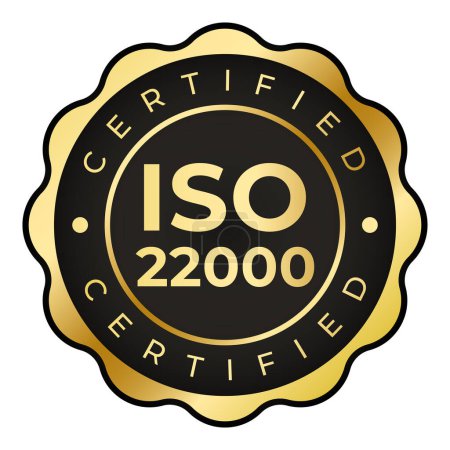 Ilustración aislada certificada del vector de la etiqueta engomada de oro y negro ISO 22000