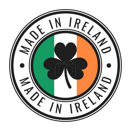 Téléchargez les illustrations : Fabriqué en Irlande timbre rond isolé, autocollant, panneau avec drapeau irlandais et illustration vectorielle Shamrock - en licence libre de droit