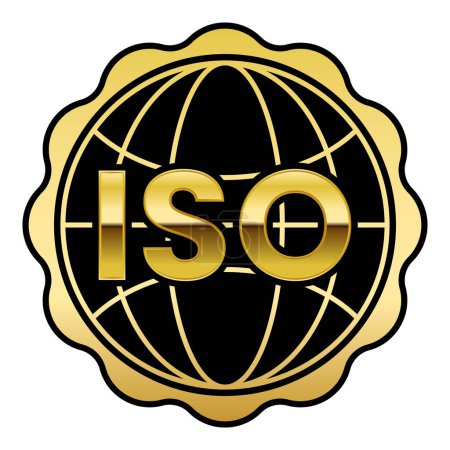 Ilustración de Etiqueta engomada aislada certificada del sello de oro y negro ISO con la ilustración del vector del icono del globo - Imagen libre de derechos