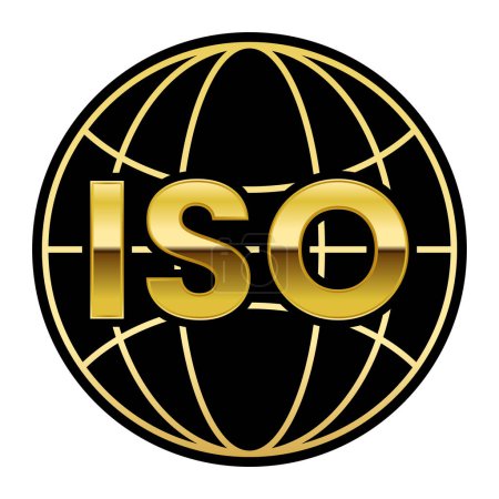Ilustración de Etiqueta engomada redonda aislada certificada del sello de oro y negro ISO con la ilustración del vector del icono del globo - Imagen libre de derechos